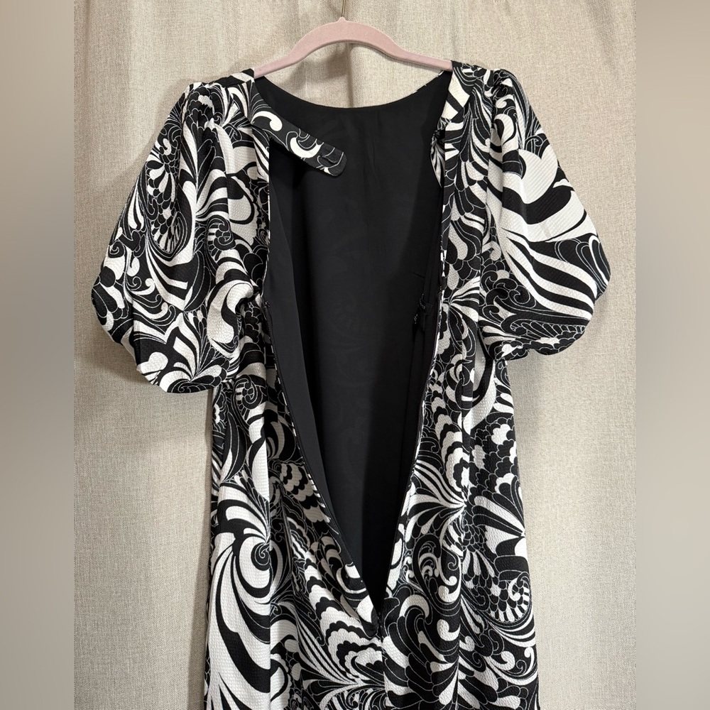 Talbots Black White Floral Dress Bubble Sleeve Satin Shift Wedding Guest Classic - Picture 7 of 17
